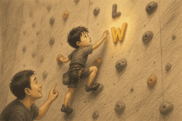 The boy mid-climb, reaching toward a W-shaped hold with an L hold just above it. His father crouches at the bottom of the frame pointing up.