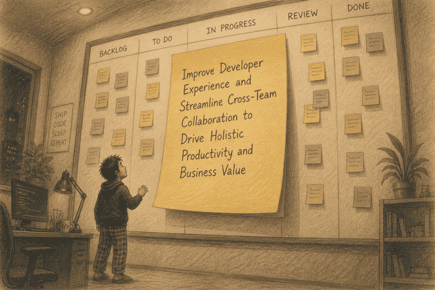 A tired engineer stands at a desk staring up at a giant sticky note on a kanban board labeled with a long vague corporate title, the note towering over them the way the climbing wall towered over the boy.