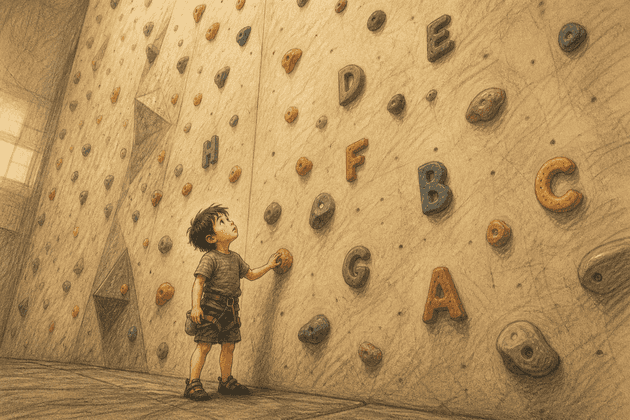 A small boy in a climbing harness stands at the base of a towering indoor climbing wall, hand on a hold, head tilted back to look up.